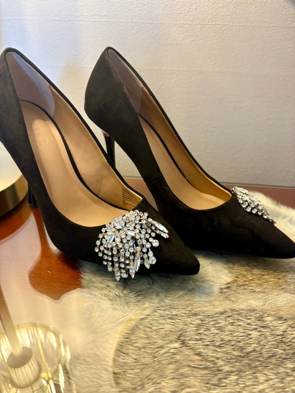 INC Black Crystal Embellished Pointed Toe Pumps